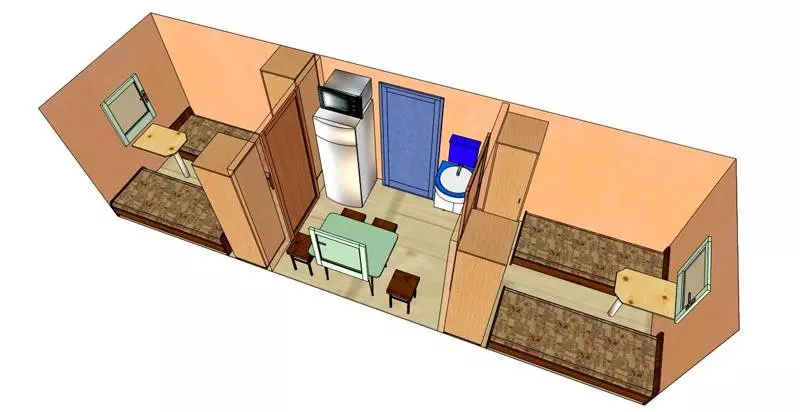 Побутівка з двох суміжних кімнат - маленької передпокою та кімнати   Конструкція, що іменується «сорочечки»   Будова з двома однаковими за розміром кімнатами   Приміщення з душем, туалетом, кухнею і кімнатою
