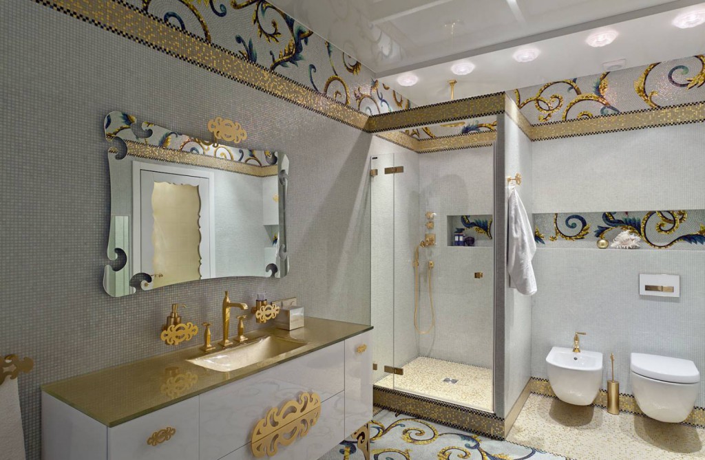 У ванній де декор поверхонь перегукується між собою і, мозаїка в зоні туалету органічно переходить в зону ванній перегукуючись в колірній палітрі з підлогою та стелею